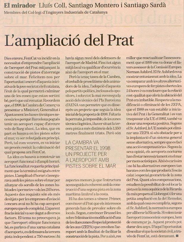Article d'opinió publicat per tres enginyers industrials a la publicació "Dossier Econòmic" donant suport a la proposta de FemCAT per ampliar l'aeroport del Prat cap el mar (12 de Juliol de 2008)